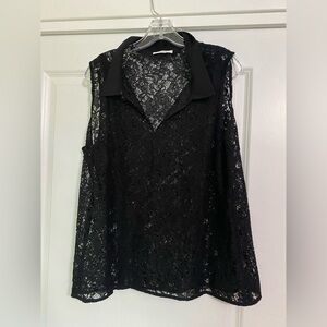 Calvin Klein Lace Sheer Collared Blouse